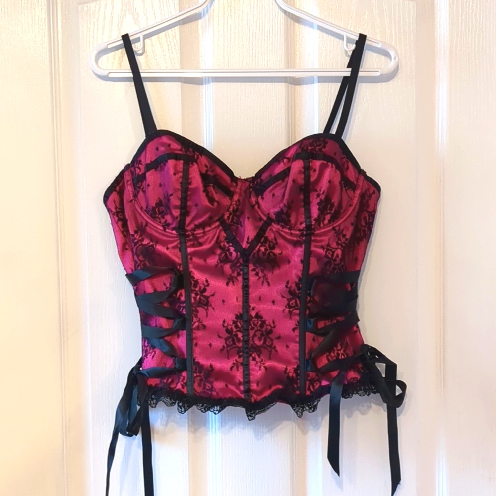 Magenta Satin Bustier with Black Lace Overlay